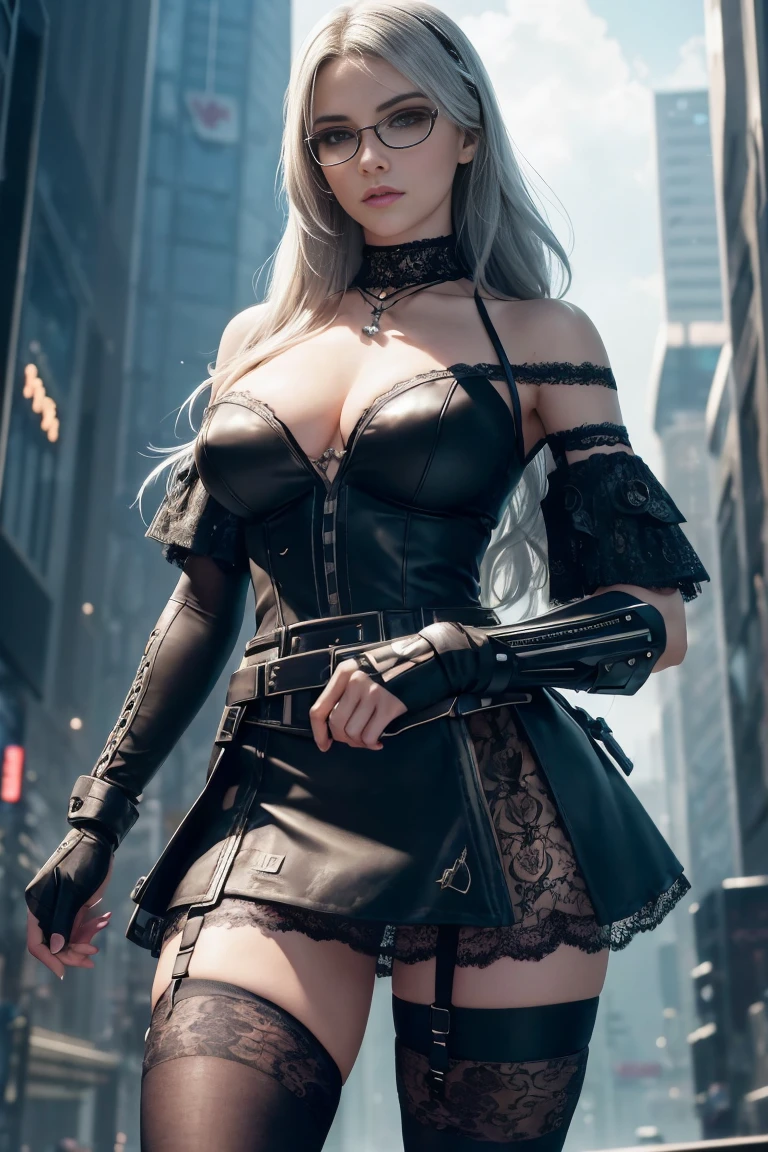 A lewd female college student，Has a cute and sexy face，Fair leather suit，Wearing black stockings，Wearing white panties，Wearing a white bra，white color hair，She is standing on stage，Strike a very seductive pose，Wear white high heels，Naked，Best quality, Masterpiece, Super detail, High details