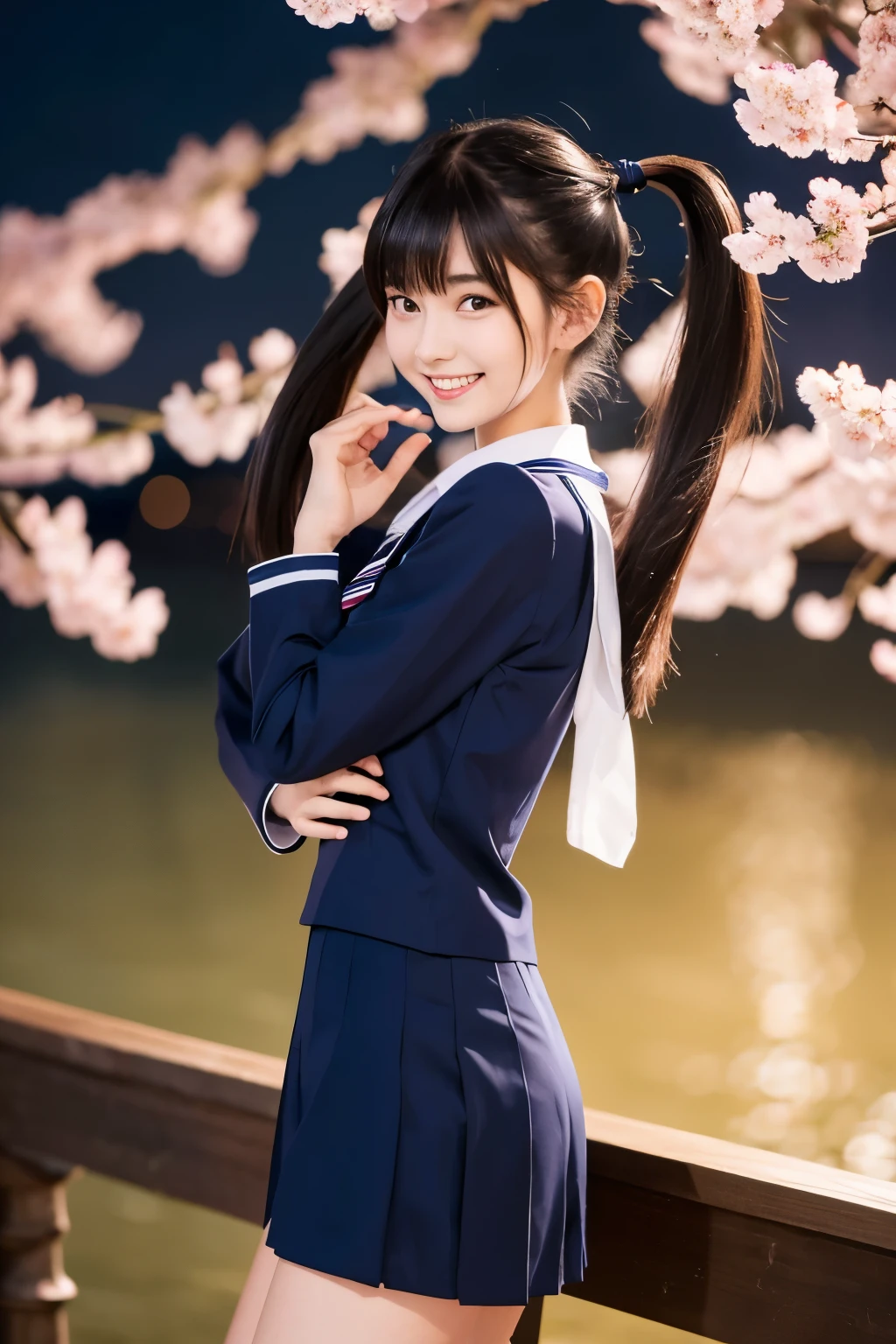 Thin woman, 17 year old slender size model,smile,a healthy woman,high school girl,smile,Navy blue sailor suit,uniform,Slender body,Twin tails fluttering in the wind ,bangs , Bold Pose,thigh , Realistic, high quality 8k, perfection, Best image quality,Cherry Blossoms at Night