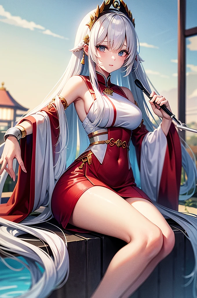 asian goddess, long white hair