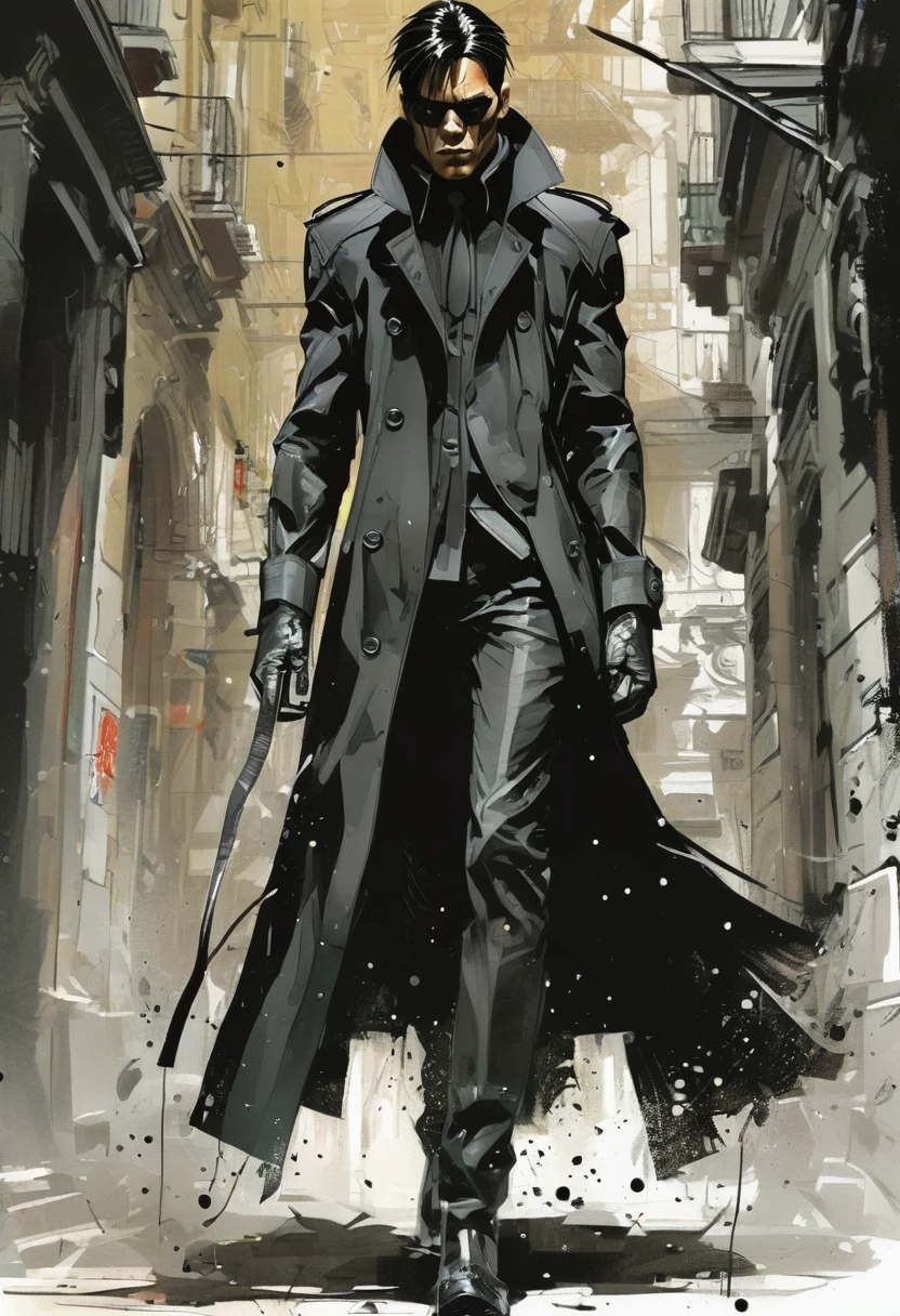 Black Trench Coat, full body, by Dustin Nguyen, best quality, masterpiece, very aesthetic, perfect composition, intricate details, ultra-detailed