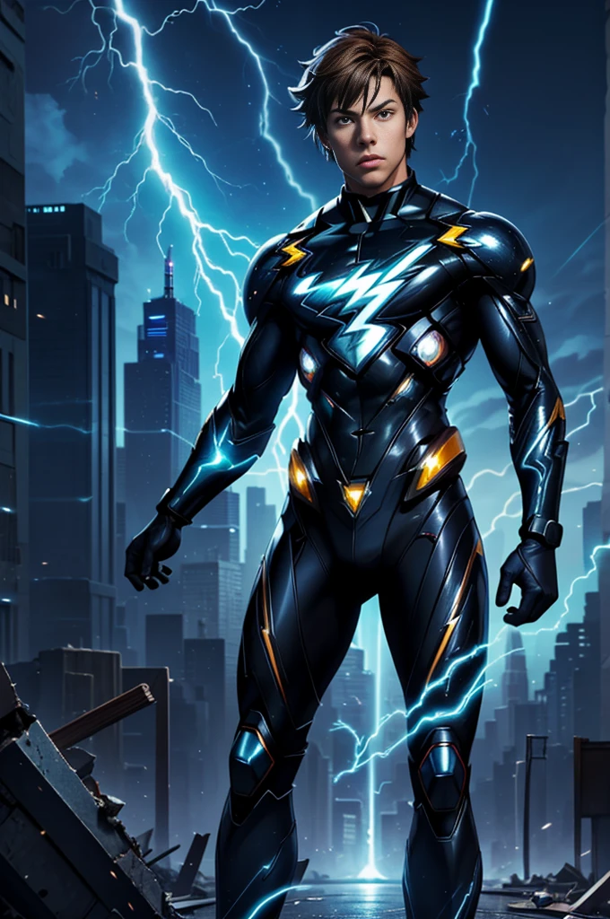 (17 year old in soul body with blue and black lightning particles being emitted around him), 3D rendering, movie special effects, film lighting, City in ruins, clean HD, 8k resolution, very detailled, digitalpainting, conceptual artwork, Shinkai Makoto style, Pop Popularization Trend, pop, Pop trend, Pop trend on pixiv.