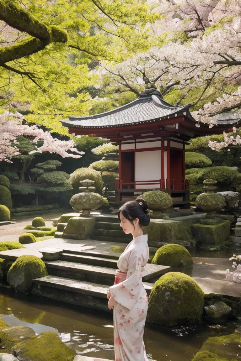 beautiful woman in traditional japanese kimono, elegant and graceful, standing in a tranquil japanese shrine surrounded by lush nature, (best quality,4k,8k,highres,masterpiece:1.2),ultra-detailed,(realistic,photorealistic,photo-realistic:1.37),cinematic lighting,looking at viewer,intricate floral patterns,ornate hair ornaments,delicate  features,soft lighting,cherry blossom trees,pagoda in the distance,stone lanterns,mossy rocks,serene atmosphere