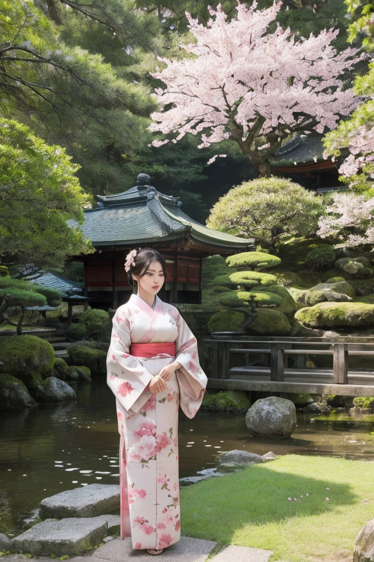 beautiful woman in traditional japanese kimono, elegant and graceful, standing in a tranquil japanese shrine surrounded by lush nature, (best quality,4k,8k,highres,masterpiece:1.2),ultra-detailed,(realistic,photorealistic,photo-realistic:1.37),cinematic lighting,looking at viewer,intricate floral patterns,ornate hair ornaments,delicate facial features,soft lighting,cherry blossom trees,pagoda in the distance,stone lanterns,mossy rocks,serene atmosphere