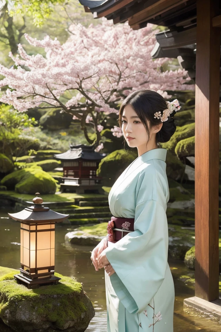 beautiful woman in traditional japanese kimono, elegant and graceful, standing in a tranquil japanese shrine surrounded by lush nature, (best quality,4k,8k,highres,masterpiece:1.2),ultra-detailed,(realistic,photorealistic,photo-realistic:1.37),cinematic lighting,looking at viewer,intricate floral patterns,ornate hair ornaments,delicate facial features,soft lighting,cherry blossom trees,pagoda in the distance,stone lanterns,mossy rocks,serene atmosphere
