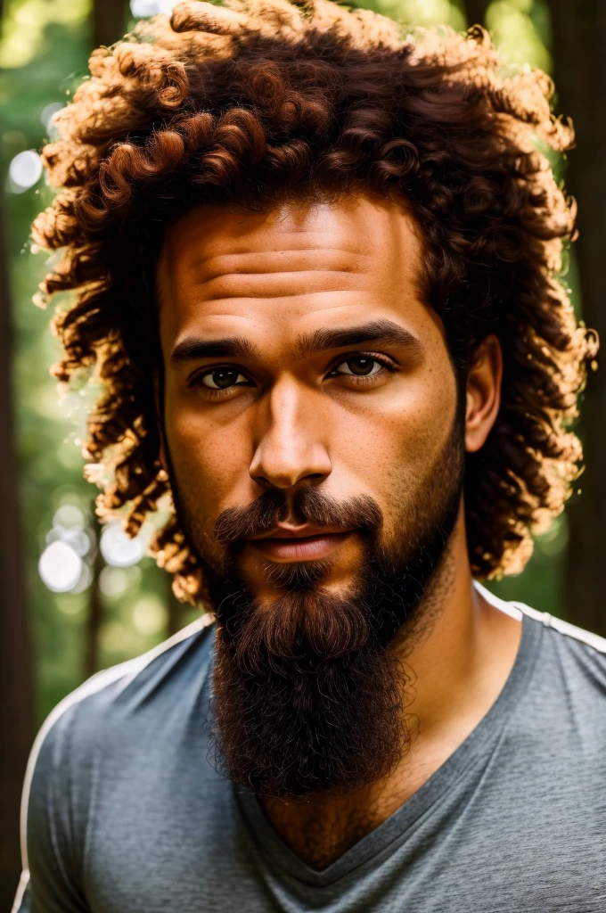 (((hd closeup photo))), one standing João Andrade, brazilian short curly dark ginger hair and short beard, Alto looking at camera, 36 years old, in forest, dark brown eyes, light skin, clack t-shirt