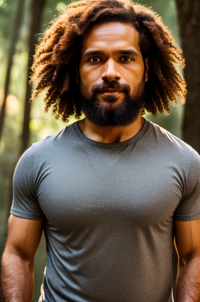 (((hd closeup photo))), one standing João Andrade, brazilian short curly dark ginger hair and short beard, Alto looking at camera, 36 years old, in forest, dark brown eyes, light skin, clack t-shirt