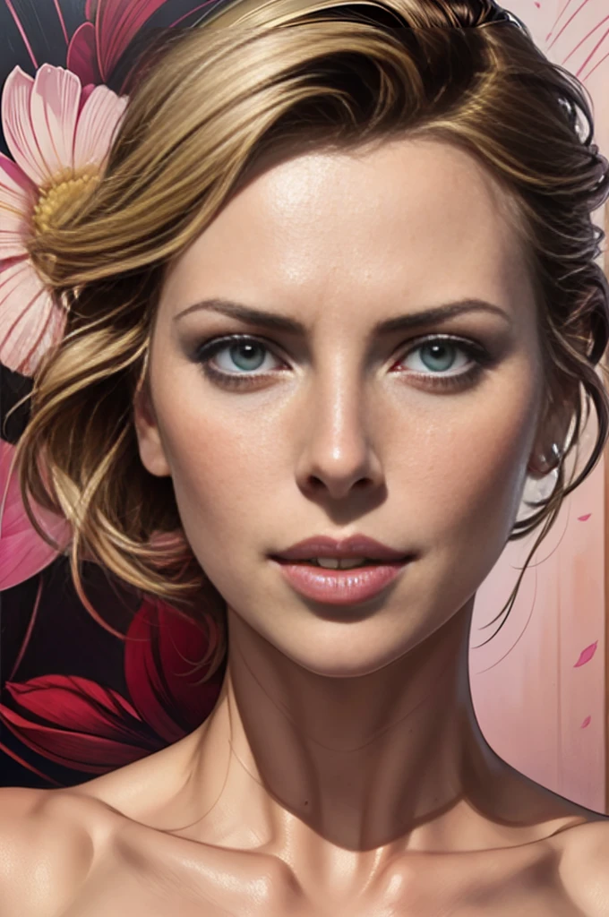 Charlize Theron in A Botanical Masterpiece in the Style of Marco Mazzoni, detailded, hyperrealisti, from front view, elements of symbolism and surrealism, a painting of mother and an attractive and seductive Charlize Theron by agnes cecile, luminous design, cores cake, ink drops, spring lights, intricate design, gazing at viewer intertwined, beautiful attractive seductress Charlize Theron, flowers, cake, gazing at viewer, from front view