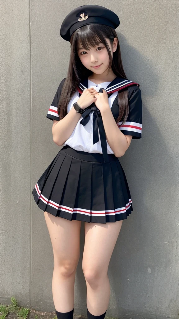 Japanese、18-year-old high school girl、Black Sailor Suit、mini skirt、whole body、Thick thighs