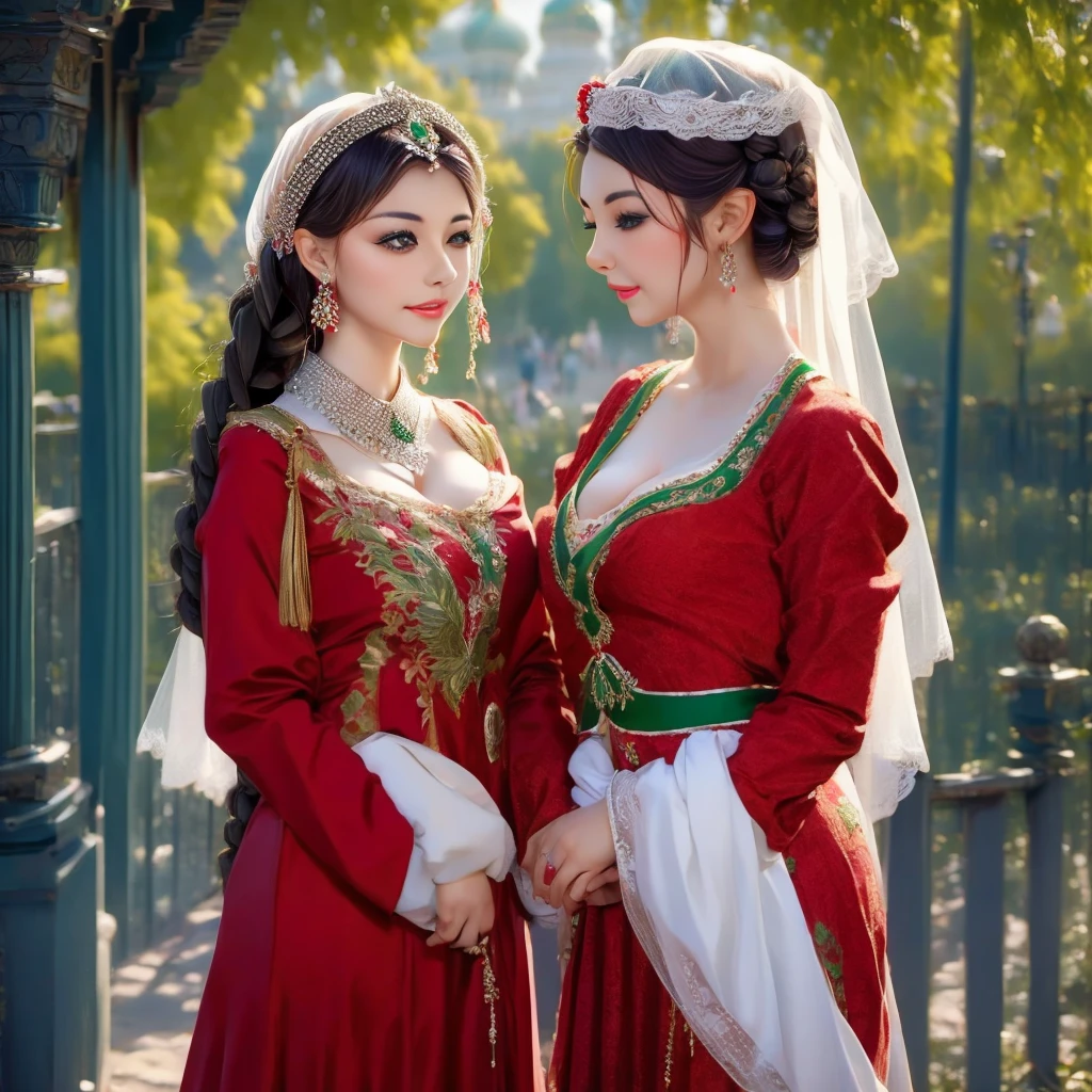 arafed woman in a red and green dress and a white veil, traditional russia, traditional beauty, traditional clothes, traditional costume, beautiful costume, slavic style, traditional dress, russian costume, wearing traditional garb, traditional clothing, beautiful iranian woman, ancient libu princess, ancient libu young girl, very beautiful enga style, russian clothes