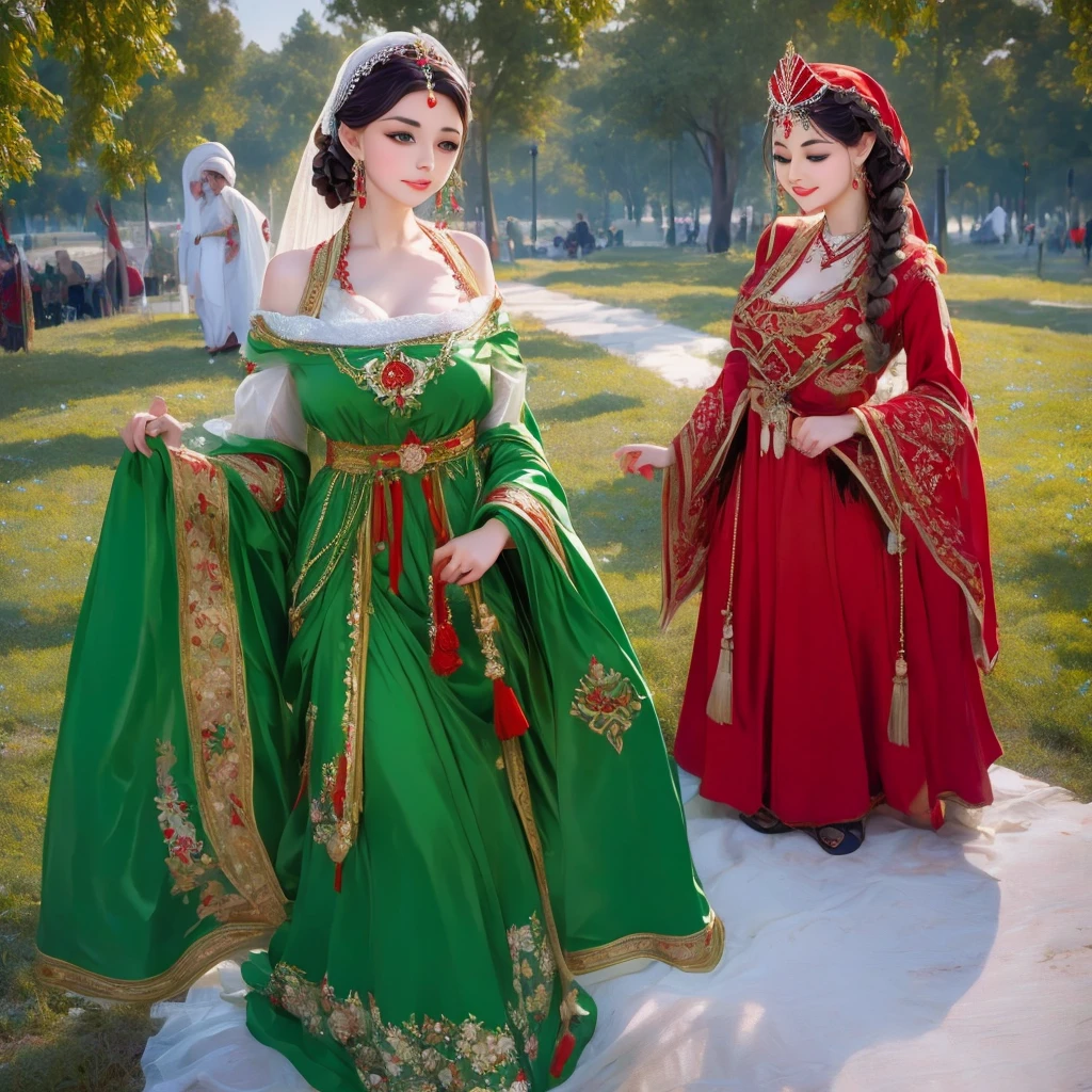 arafed woman in a red and green dress and a white veil, traditional russia, traditional beauty, traditional clothes, traditional costume, beautiful costume, slavic style, traditional dress, russian costume, wearing traditional garb, traditional clothing, beautiful iranian woman, ancient libu princess, ancient libu young girl, very beautiful enga style, russian clothes