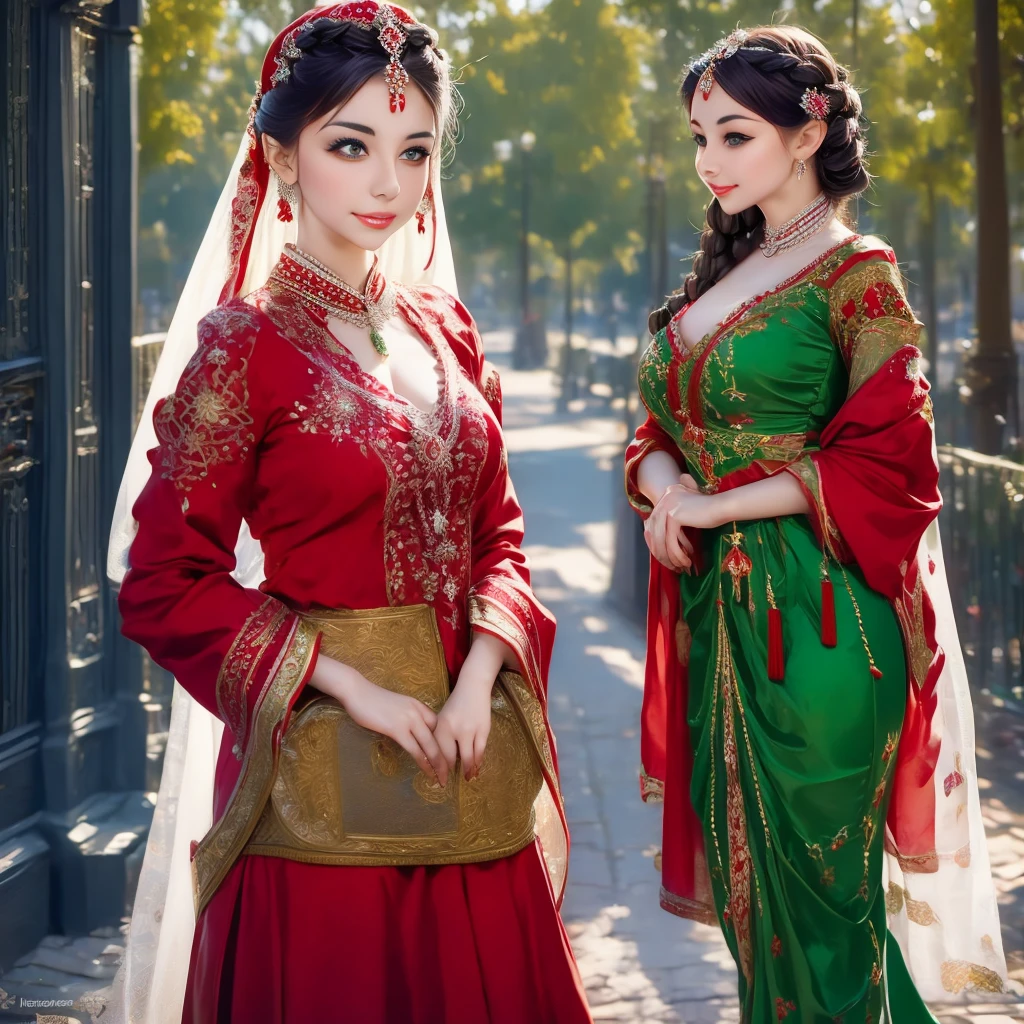 arafed woman in a red and green dress and a white veil, traditional russia, traditional beauty, traditional clothes, traditional costume, beautiful costume, slavic style, traditional dress, russian costume, wearing traditional garb, traditional clothing, beautiful iranian woman, ancient libu princess, ancient libu young girl, very beautiful enga style, russian clothes