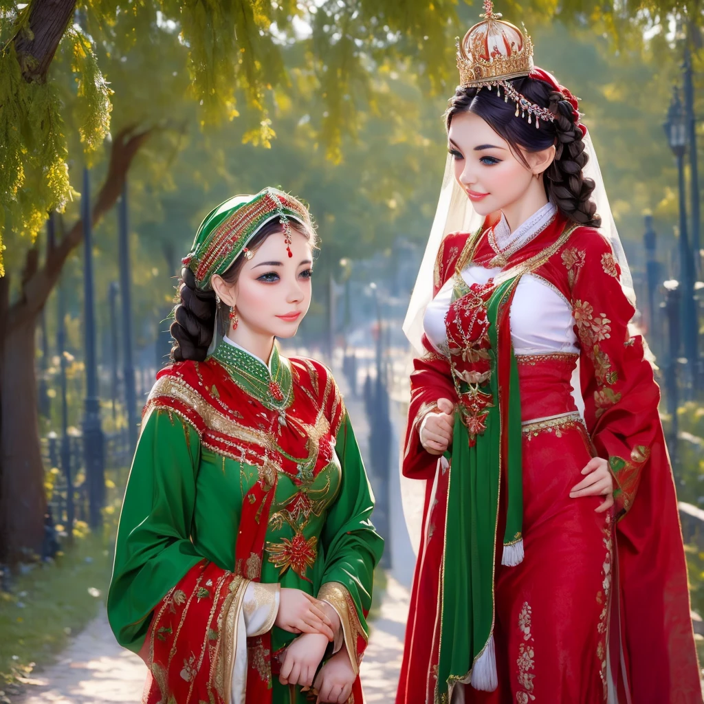 arafed woman in a red and green dress and a white veil, traditional russia, traditional beauty, traditional clothes, traditional costume, beautiful costume, slavic style, traditional dress, russian costume, wearing traditional garb, traditional clothing, beautiful iranian woman, ancient libu princess, ancient libu young girl, very beautiful enga style, russian clothes