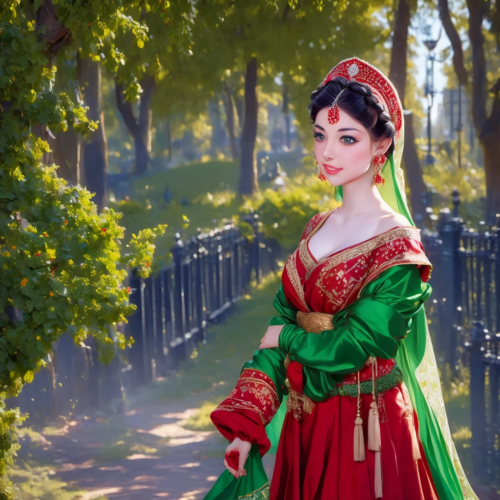 arafed woman in a red and green dress and a white veil, a portrait by Alexander Kucharsky, shutterstock, hurufiyya, traditional russia, traditional beauty, traditional clothes, traditional costume, beautiful costume, traditional dress, slavic style, russian costume, wearing traditional garb, traditional clothing, beautiful iranian woman, ancient libu princess