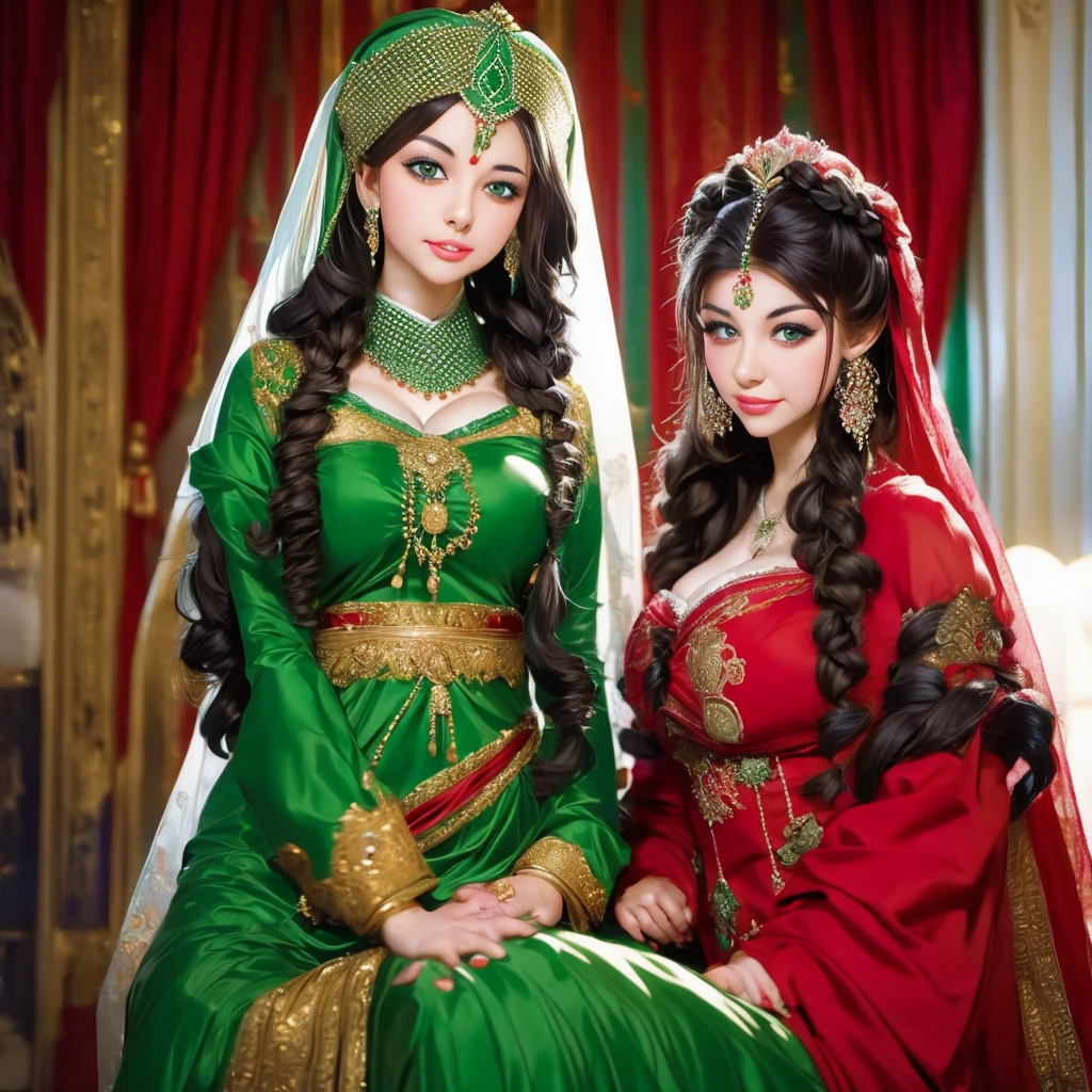 arafed woman in a red and green dress and a white veil, a portrait by Alexander Kucharsky, shutterstock, hurufiyya, traditional russia, traditional beauty, traditional clothes, traditional costume, beautiful costume, traditional dress, slavic style, russian costume, wearing traditional garb, traditional clothing, beautiful iranian woman, ancient libu princess