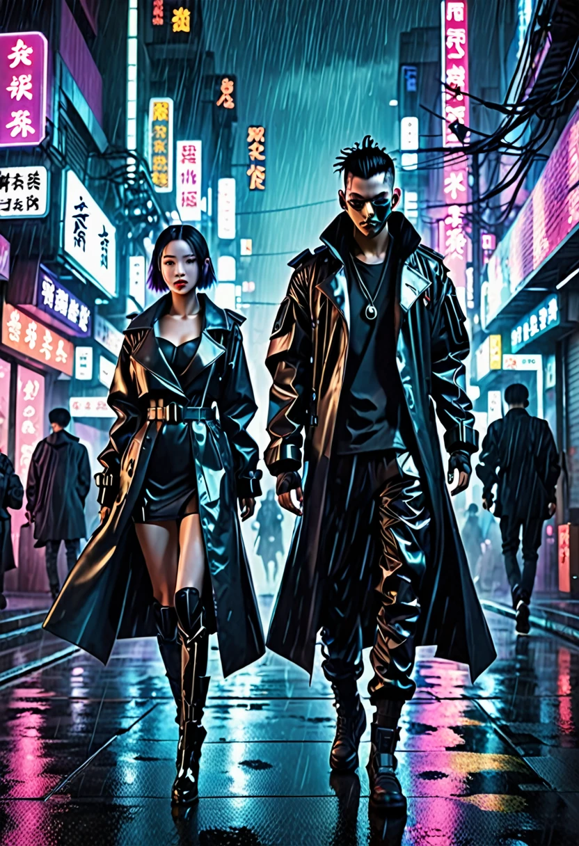 In a cyberpunk city、Downtown at night。The weather is rainy。Men and women dressed in evil, futuristic clothing are swarming the streets.。
Steam-like vapor wafts from the buildings in the city.
