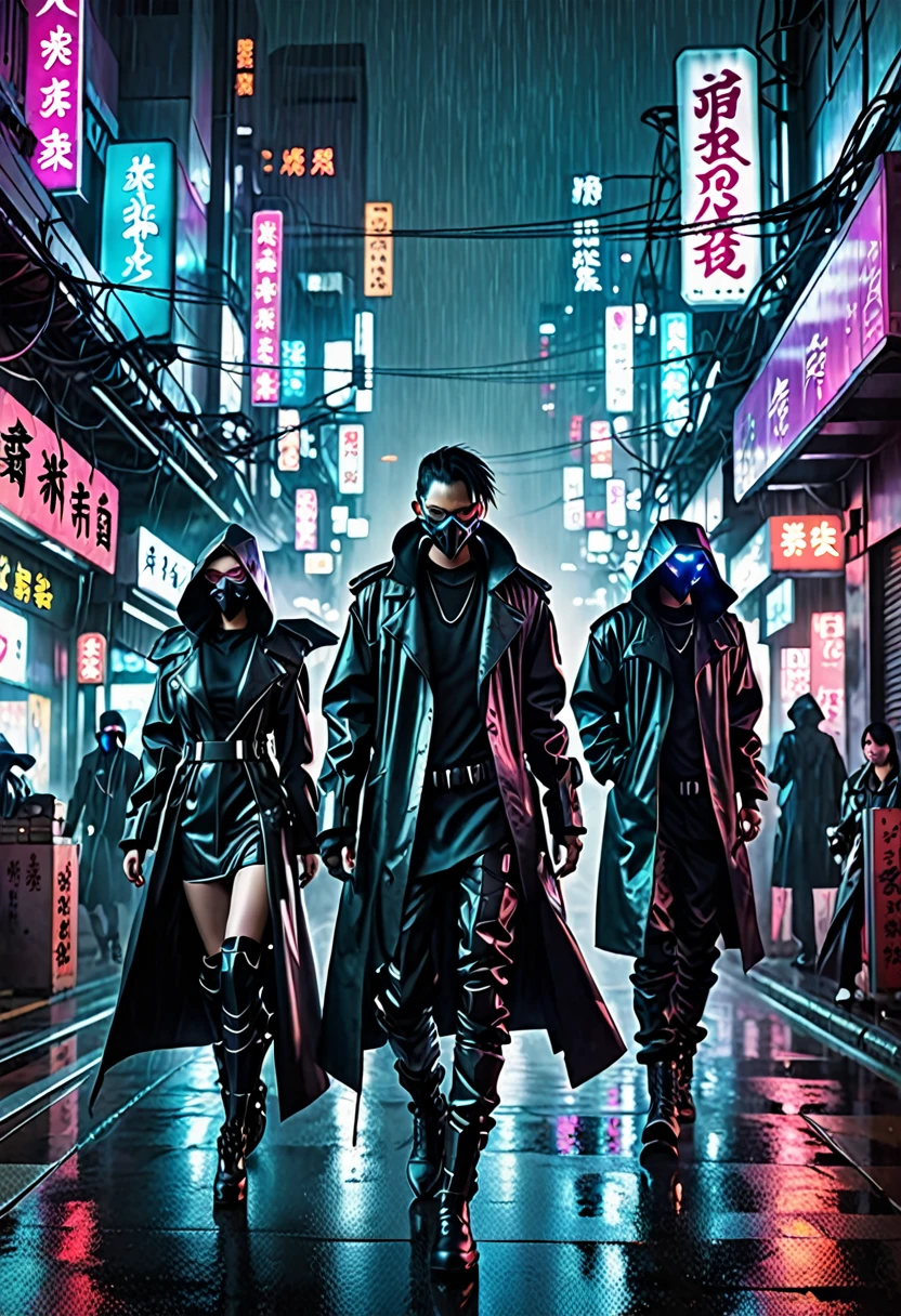 In a cyberpunk city、Downtown at night。The weather is rainy。Men and women dressed in evil, futuristic clothing are swarming the streets.。
Steam-like vapor wafts from the buildings in the city.