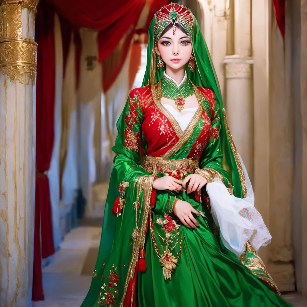 arafed woman in a red and green dress and a white veil, a portrait by Alexander Kucharsky, shutterstock, hurufiyya, traditional russia, traditional beauty, traditional clothes, traditional costume, beautiful costume, traditional dress, slavic style, russian costume, wearing traditional garb, traditional clothing, beautiful iranian woman, ancient libu princess
