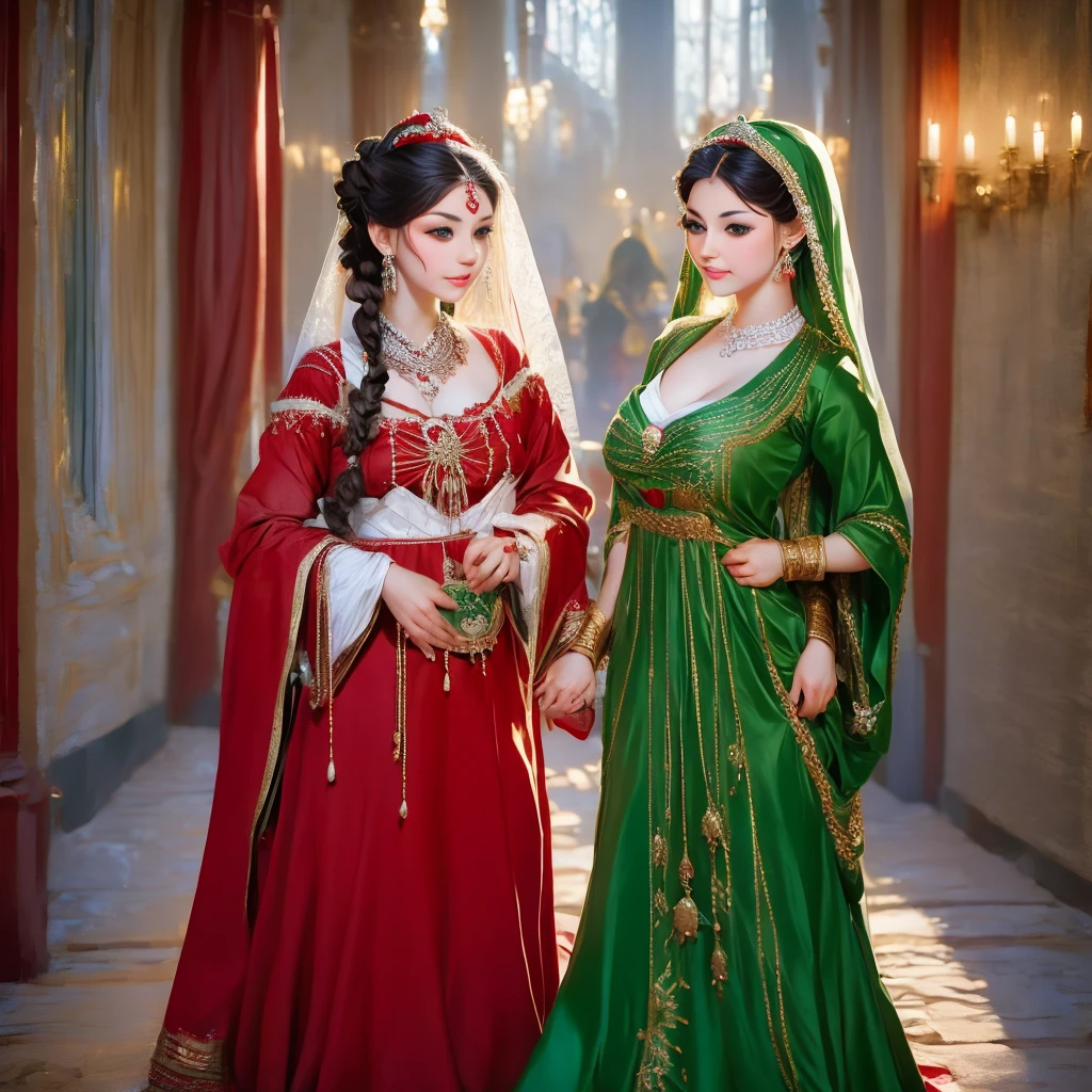 arafed woman in a red and green dress and a white veil, a portrait by Alexander Kucharsky, shutterstock, hurufiyya, traditional russia, traditional beauty, traditional clothes, traditional costume, beautiful costume, traditional dress, slavic style, russian costume, wearing traditional garb, traditional clothing, beautiful iranian woman, ancient libu princess