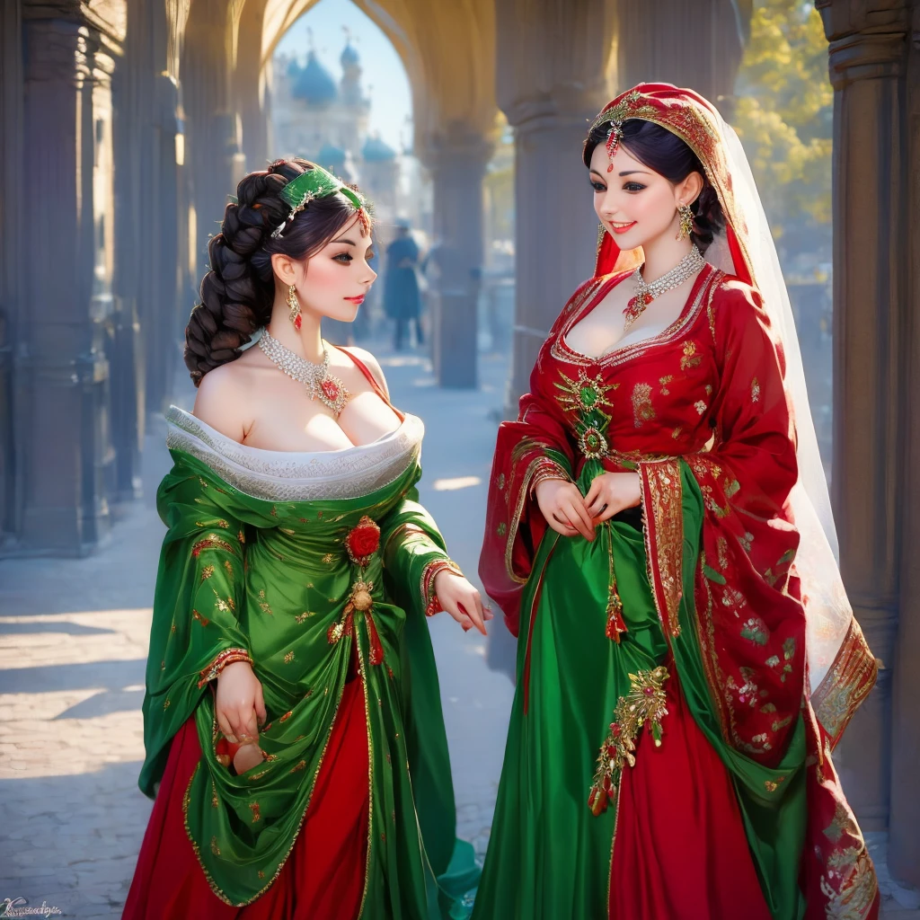 arafed woman in a red and green dress and a white veil, a portrait by Alexander Kucharsky, shutterstock, hurufiyya, traditional russia, traditional beauty, traditional clothes, traditional costume, beautiful costume, traditional dress, slavic style, russian costume, wearing traditional garb, traditional clothing, beautiful iranian woman, ancient libu princess