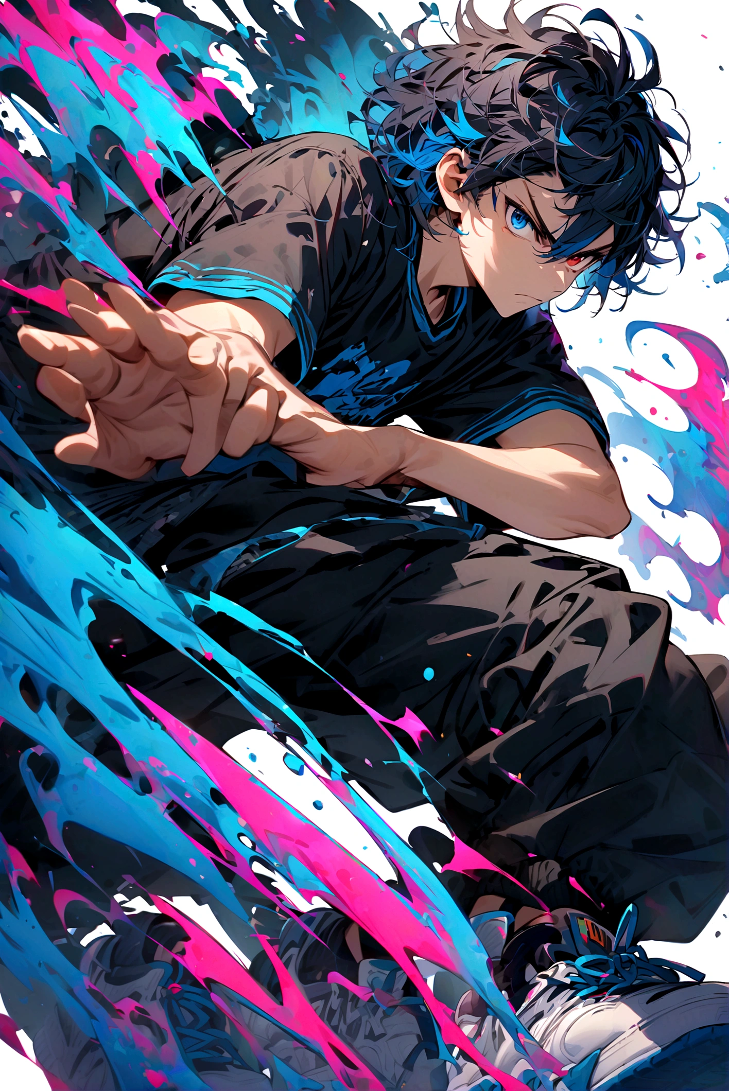 age boy, Messy hair, Medium length hair, multicolored black and blue hair, brown and blue eyes heterochromia, serious face, black jersey, wide dark blue jacket with short sleeves, well detailed, baggy black pants, blue and white tennis shoes, lot of details