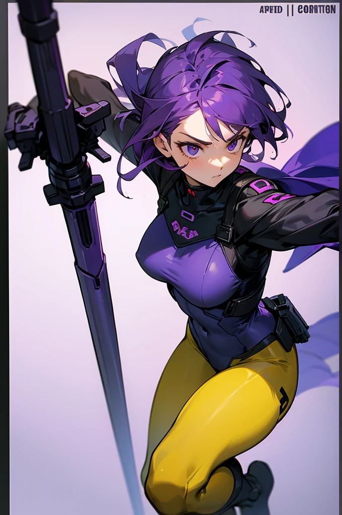 Female soldier, wearing a leotard-type combat suit, purple hair, carrying a staff as a weapon 