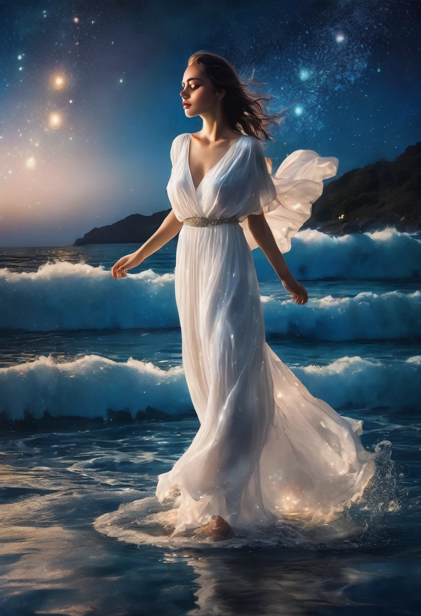 Beautiful woman dressed in white standing in sea water wearing loose dress, pale skin, goddess, Get the key, diamond necklace, pearls in water, the night, starry sky, sky with galaxy, ......of the, Como uma goddess, walk on water, illuminated woman, Blue water, wearing a flowy white dress, flowy white dress, ella esta floating in the air, flowing white robes, tiptoe, flowy dress, lindo long white dress longo, usando un flowy dress, floating in the air, long white dress, Stylish floating pose, hair floating in the wind, Girl in white dress dancing, mystic, magic, realist, Shocking, dark, dramatic, spiritual, MYSTERY, goddess