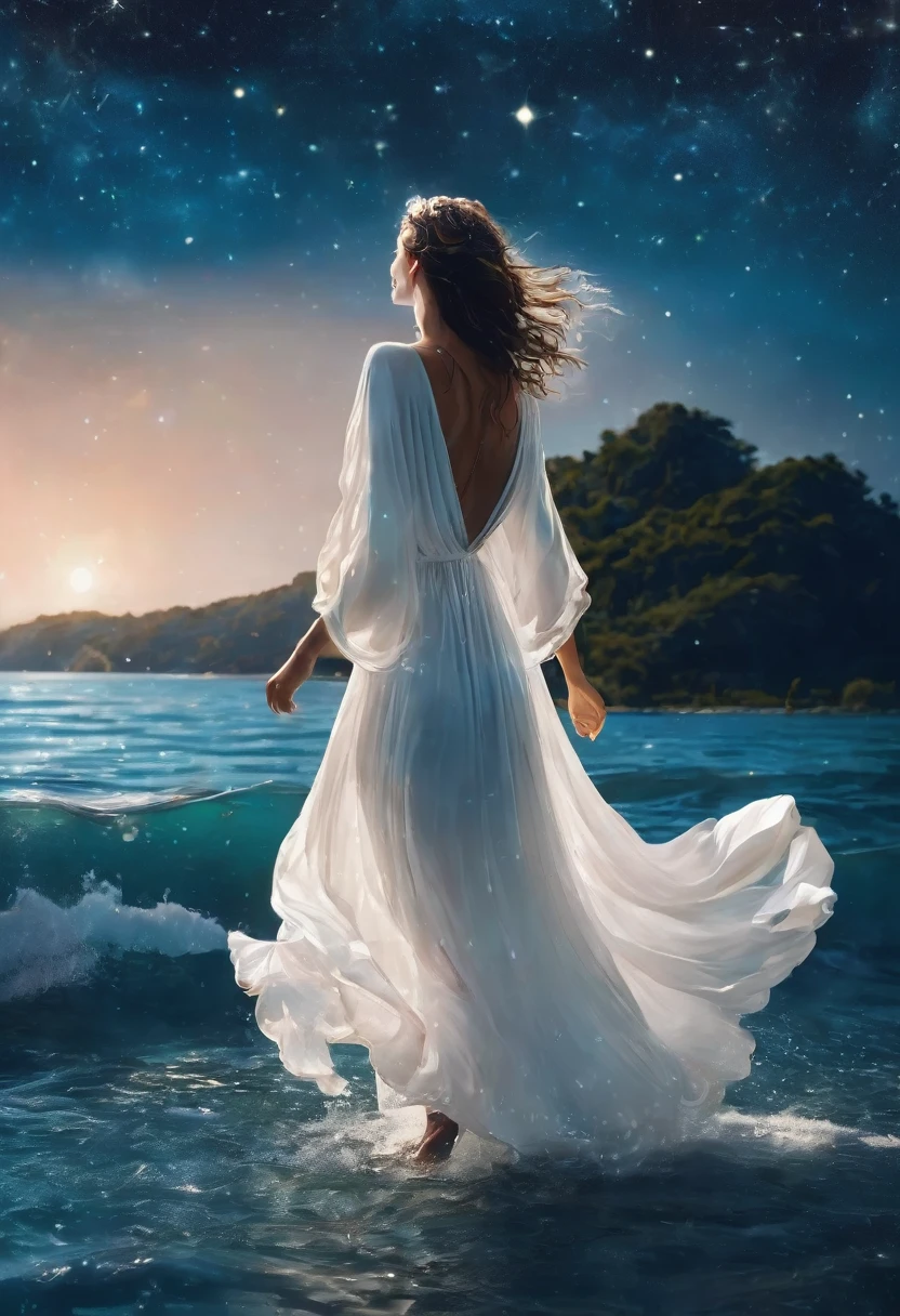 Beautiful woman dressed in white standing in sea water wearing loose dress, pale skin, goddess, Get the key, diamond necklace, pearls in water, the night, starry sky, sky with galaxy, ......of the, Como uma goddess, walk on water, illuminated woman, Blue water, wearing a flowy white dress, flowy white dress, ella esta floating in the air, flowing white robes, tiptoe, flowy dress, lindo long white dress longo, usando un flowy dress, floating in the air, long white dress, Stylish floating pose, hair floating in the wind, Girl in white dress dancing, mystic, magic, realist, Shocking, dark, dramatic, spiritual, MYSTERY, goddess