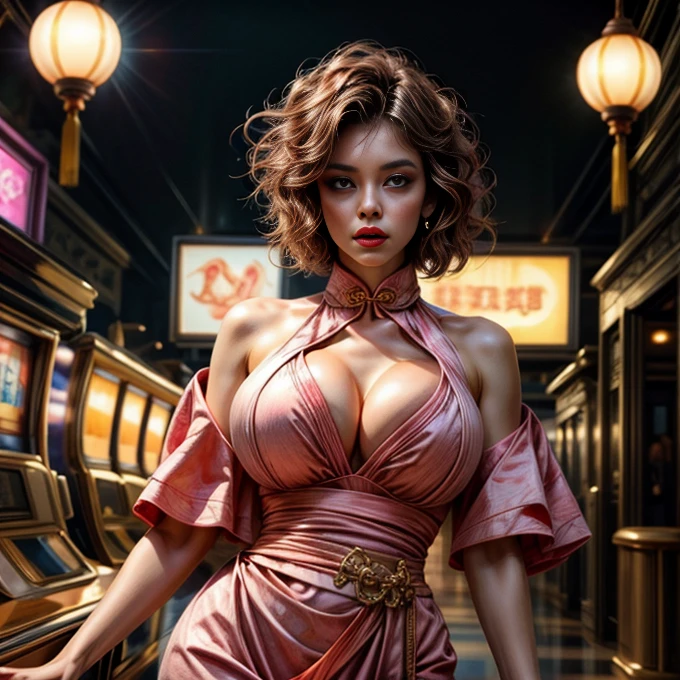 One incredibly beautiful young woman with an incredibly beautiful figure、Large Breasts、Tight waist、Big eyes、Short pink hair、Long limbs、Glowing Skin、Wearing a colorful, detailed, form-fitting Chinese dress、At the Casino、Facing the viewer、Very detailed、Photorealistic、Cinematic lighting、Dramatic composition、Bright colors、Desaturate the background、Super detailed、8K、masterpiece