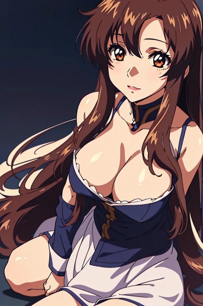 (masutepiece, Best Quality, High resolution:1.5, anime colours, megami magazine:1.2, anime poster style, anime keyvisual, sharp, 8k, photorealistic), (beautiful detailed eyes:1.5, beautiful detailed face:1.2), Murrue Ramius, 1girl, blush, (brown hair, Long Hair), (sagging huge breasts), (negligee:1.2, no bra), upper body, (Perfect detailed Anatomy, beautiful detailed hair, beautiful detailed body:1.2, shiny skin), (thick outline, Beautiful outlines, black outlines), simple background:1.5