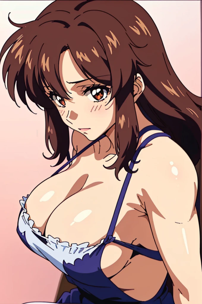 (masutepiece, Best Quality, High resolution:1.5, anime colours, megami magazine:1.2, anime poster style, anime keyvisual, sharp, 8k, photorealistic), (beautiful detailed eyes:1.5, beautiful detailed face:1.2), Murrue Ramius, 1girl, blush, (brown hair, Long Hair), (sagging huge breasts), (negligee:1.2, no bra), upper body, (Perfect detailed Anatomy, beautiful detailed hair, beautiful detailed body:1.2, shiny skin), (thick outline, Beautiful outlines, black outlines), simple background:1.5