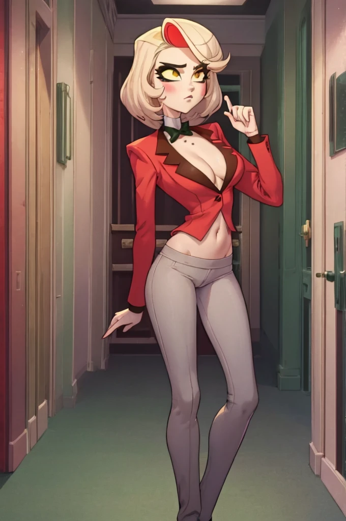cute young girl with slender body and short brown hair, Gray-green eyes, thick ass and legs, flat breast, flat tits, cosplay costume Charlie Morningstar, red jacket, red office trousers