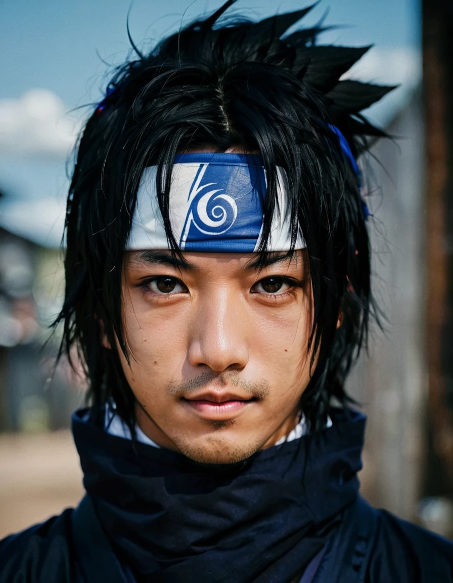 a close up of a person with a blue and white headband, Uchiha Sasuke, (highly detailed face:1.4) (smile:0.7) (background inside dark, moody, private study:1.3) POV, by lee jeffries, nikon d850, film stock photograph ,4 kodak portra 400 ,camera f1.6 lens ,rich colors ,hyper realistic ,lifelike texture, dramatic lighting , cinestill 800