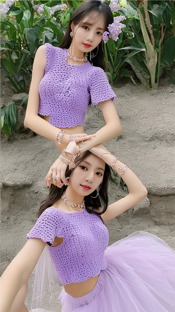 (8K、RAW Photos、Highest quality、masterpiece:1.2)、(Realistic、Realistic)、1 Girl、((lilac crochet crop top、rabbit heart bracelet、skirt、upper image、space、View from the front、Looking into the camera、unusual pose))、
