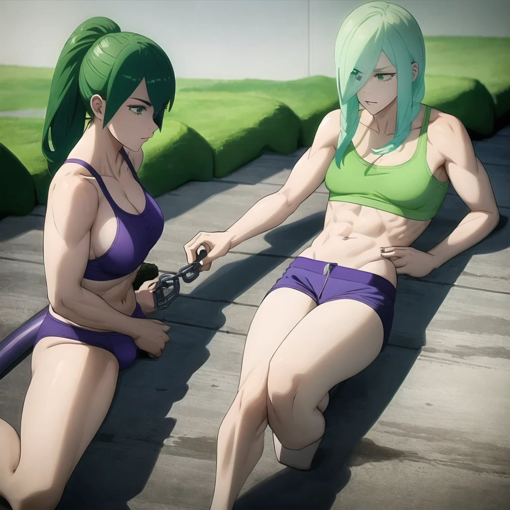 green hair,green eyes,crawl,kneel,(leash) in tight purple dolphin shorts and a purple sports bra