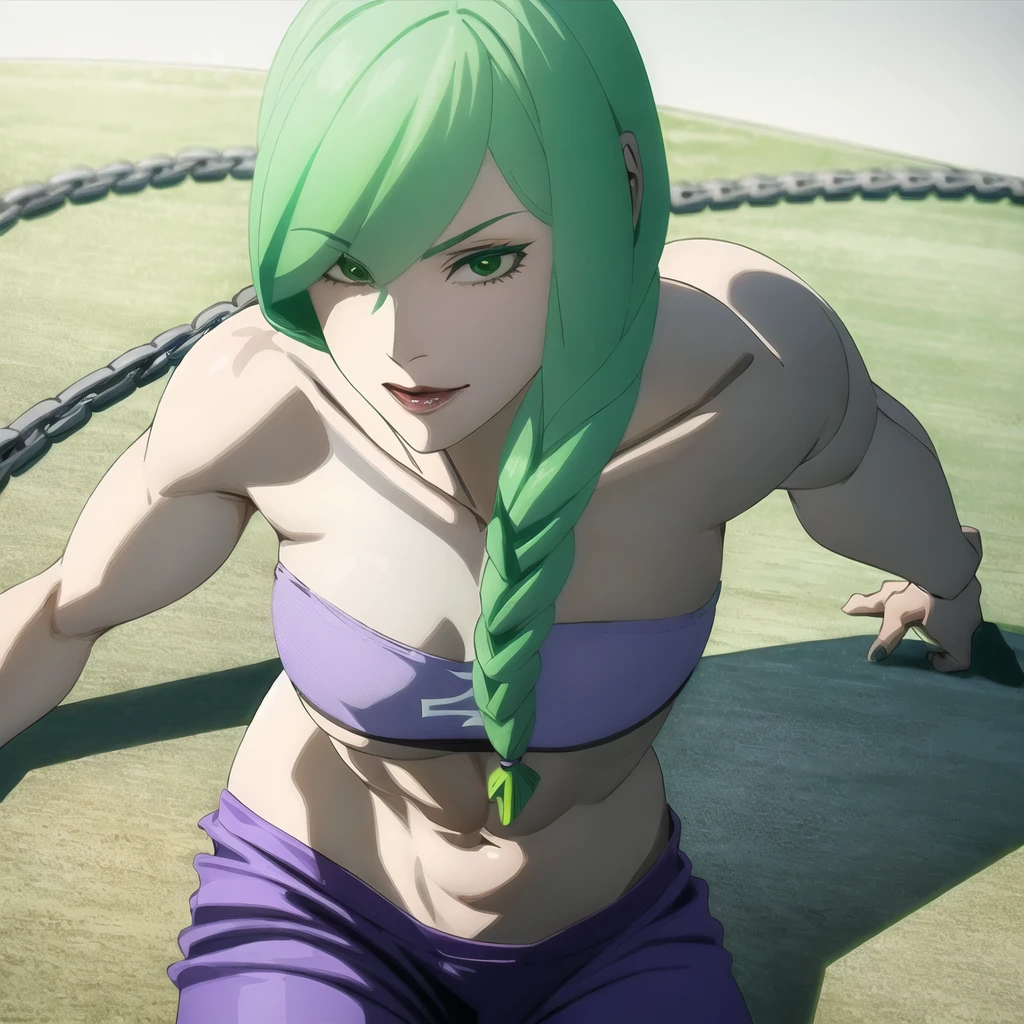 green hair,green eyes,crawl,kneel,(leash) in tight purple dolphin shorts and a purple sports bra