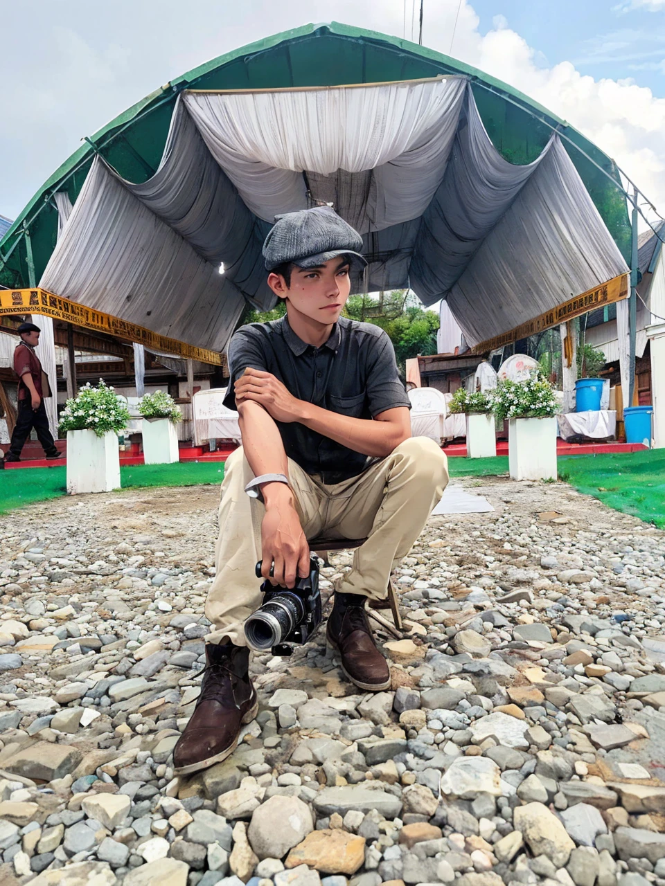 (Best quality,A high resolution,Ultra-detailed,Realistic:1.2),a young man holding a camera, wearing newsboy hat, vintage look, outfit, at outside barn house, country side, warm tone, photography(promotional poster)。