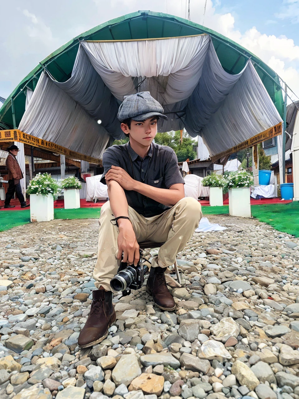 (Best quality,A high resolution,Ultra-detailed,Realistic:1.2),a young man holding a camera, wearing newsboy hat, vintage look, outfit, at outside barn house, country side, warm tone, photography(promotional poster)。
