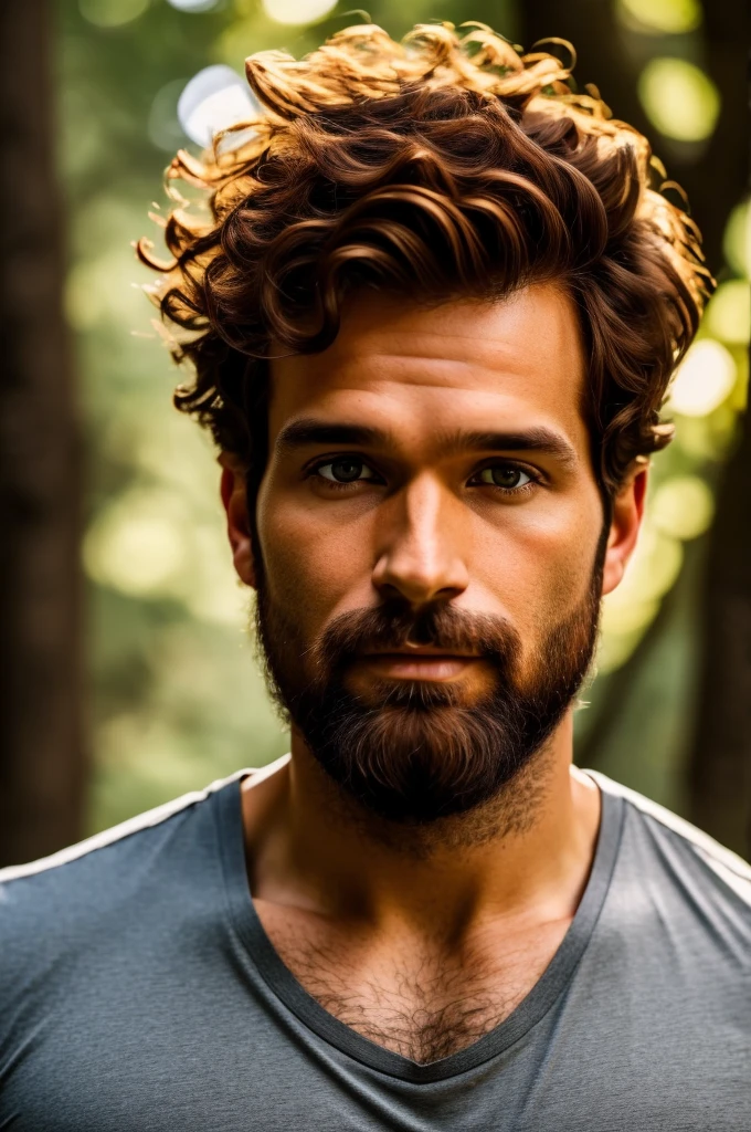(((hd closeup photo))), one standing João Andrade, portuguese short wavy dark ginger hair and short beard, Alto looking at camera, 36 years old, in forest, dark brown eyes, light skin, clack t-shirt