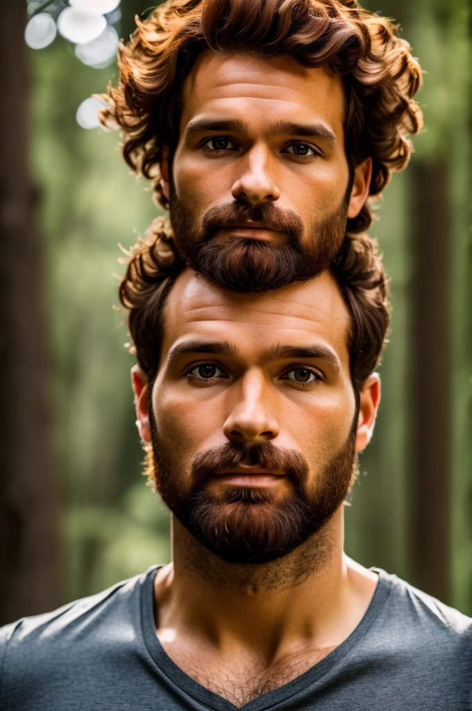 (((hd closeup photo))), one standing João Andrade, portuguese short wavy dark ginger hair and short beard, Alto looking at camera, 36 years old, in forest, dark brown eyes, light skin, clack t-shirt