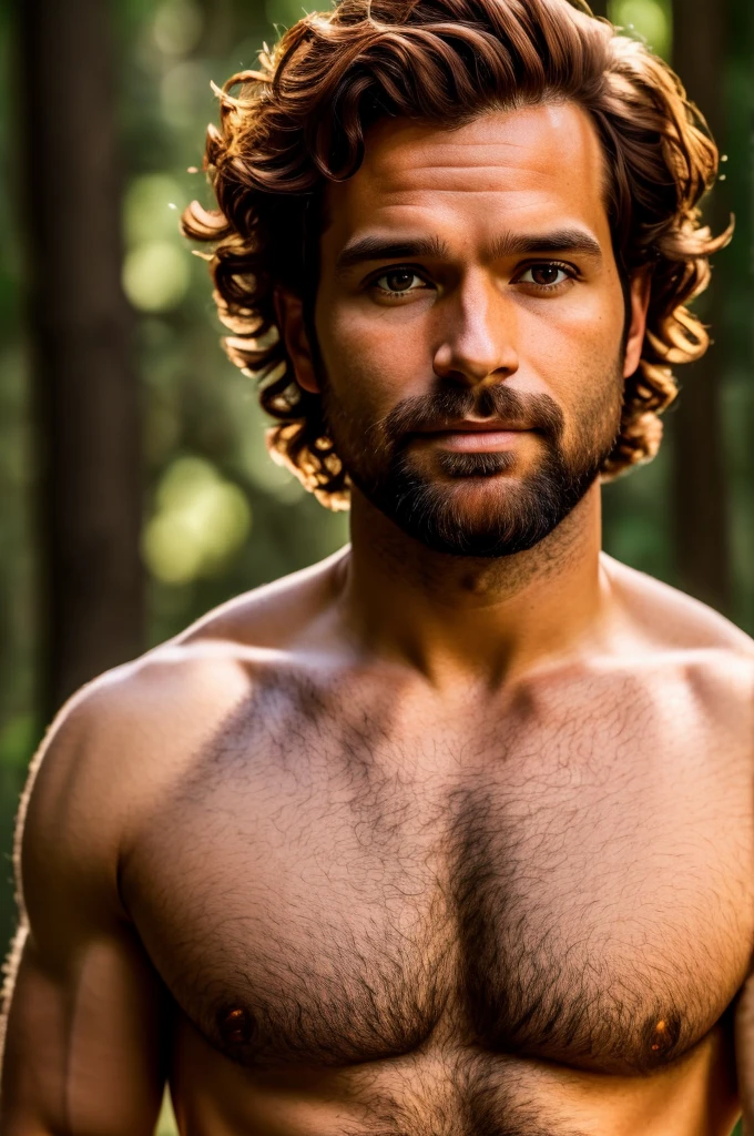 (((hd closeup photo))), one standing João Andrade, portuguese short wavy dark ginger hair and short beard, Alto looking at camera, 36 years old, in forest, dark brown eyes, light skin, clack t-shirt