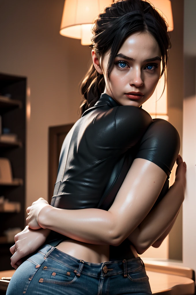 (masterpiece, best quality), 1girl,1man, detailed face, beautiful eyes, detailed lips, long eyelashes, man hugging woman from behind, woman wearing jeans, intimate moment, cinematic lighting, warm colors, soft focus, romantic, emotional, photorealistic