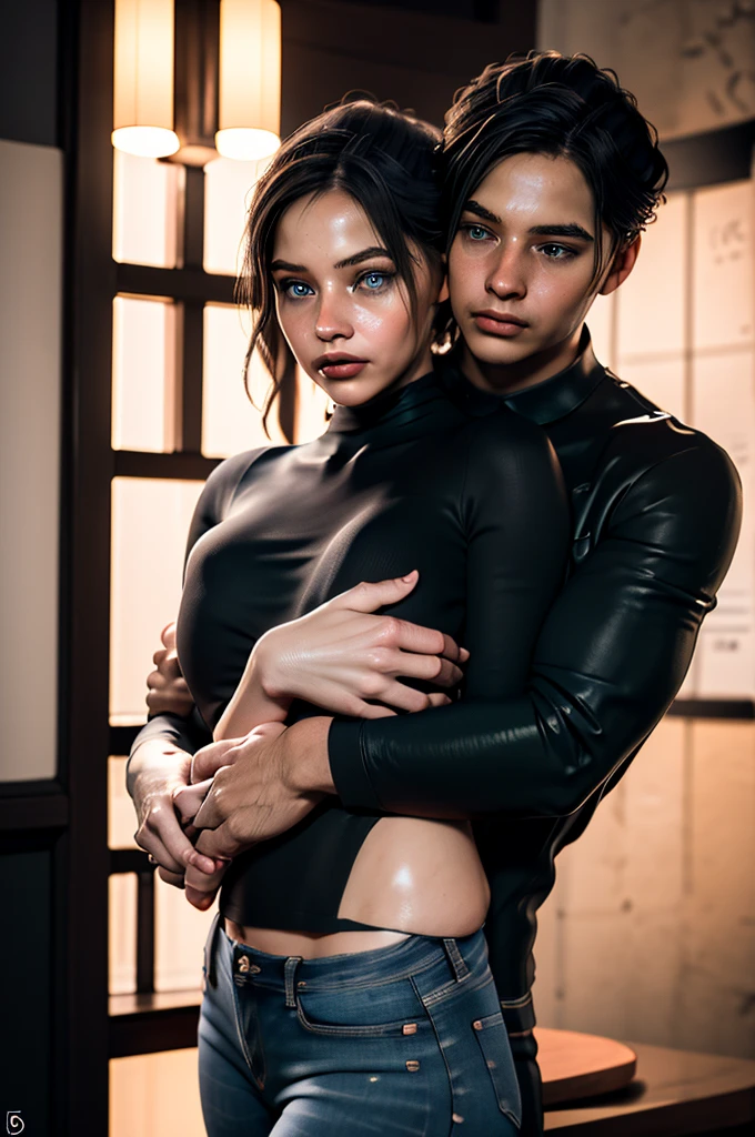 (masterpiece, best quality), 1girl,1man, detailed face, beautiful eyes, detailed lips, long eyelashes, man hugging woman from behind, woman wearing jeans, intimate moment, cinematic lighting, warm colors, soft focus, romantic, emotional, photorealistic