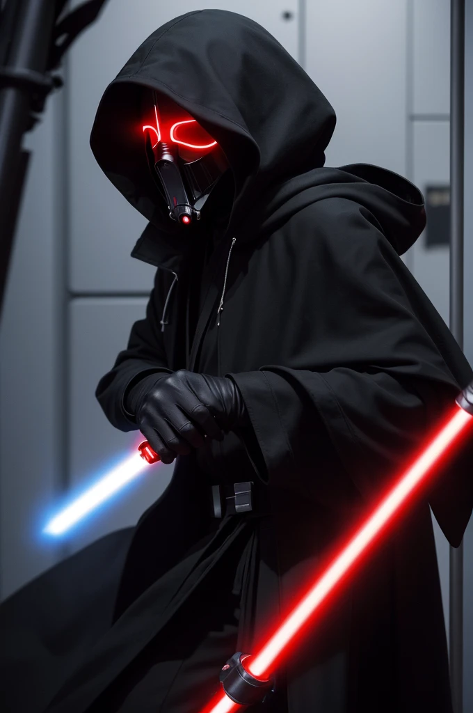 A Jedi who uses a double-bladed red lightsaber and his uniform is a completely black cloak with a hood and wears a breathing mask