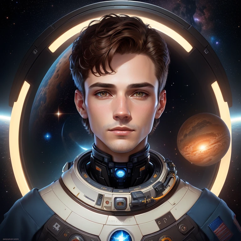 man with short brown hair, nft portrait, digital fantasy portrait, portrait of an astronaut man, high-quality portrait, septic eye, inspired by Hedi Xandt, Mars space portrait, symmetrical portrait science fiction, adar darnov, digital art portrait, retrato de tom bagshaw, falling in the space