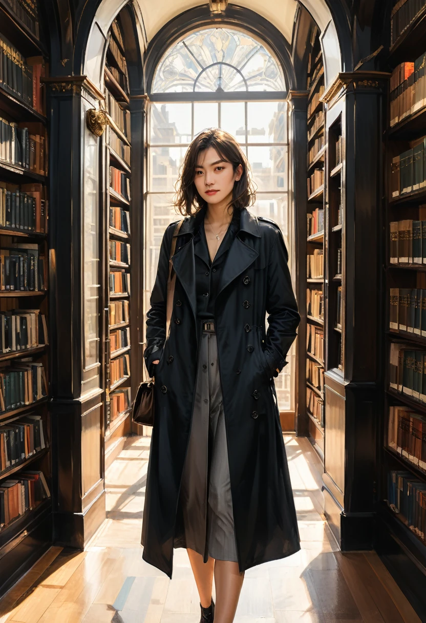 (Black Trench Coat), Retro style, a reader wearing a black windbreaker stands in a corner of the library, reading. The background is a library filled with books and the soft sunlight through the window, (Photography), panoramic view, award-winning, cinematic still, emotional, vignette, dynamic, vivid, (masterpiece, best quality, Professional, perfect composition, very aesthetic, absurdres, ultra-detailed, intricate details:1.3)