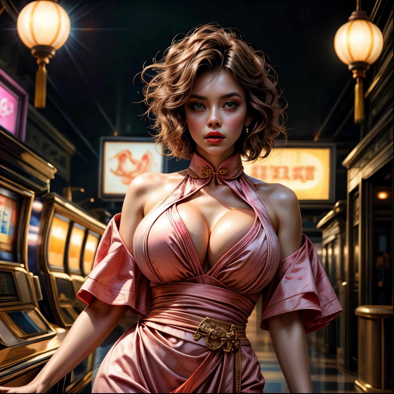 One incredibly beautiful young woman with an incredibly beautiful figure、Large Breasts、Tight waist、Big eyes、Short pink hair、Long limbs、Glowing Skin、Wearing a colorful, detailed, form-fitting Chinese dress、At the Casino、Facing the viewer、Very detailed、Photorealistic、Cinematic lighting、Dramatic composition、Bright colors、Desaturate the background、Super detailed、8K、masterpiece