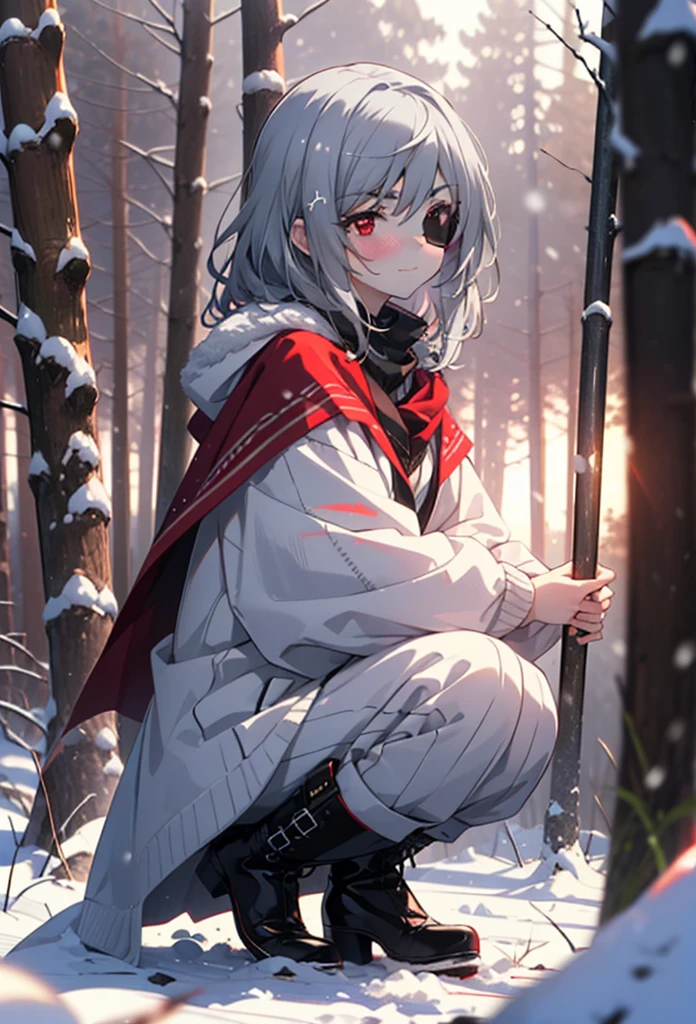 Laurabodewig, Laura Bodewig, Long Hair, (Red eyes:1.3), Grey Hair, Eye patch,smile,smile,blush,White Breath,
Open your mouth,snow,Ground bonfire,,Outdoor, boots, snowing, From the side, wood, suitcase, Cape, Blurred, , forest, White handbag, nature, Squat, Mouth closed, Cape, winter, Written boundary depth, Black shoes, red Cape break looking at viewer, Upper Body, whole body, break Outdoor, forest, nature, break (masterpiece:1.2), Highest quality, High resolution, unity 8k wallpaper, (shape:0.8), (Beautiful and beautiful eyes:1.6), Highly detailed face, Perfect lighting, Extremely detailed CG, (Perfect hands, Perfect Anatomy),