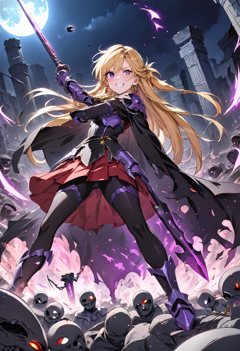 dark persona, Feeling dark energy, destroying, killing people, pile of corpses, at midnight, moon, ecstasy, looking at viewer, armor, fighting stance, happy, blush, evil grin, black leg armor, knight, long hair, octagonal yin yang mirror, purple eyes, audience, pillars of purple fire, 1 woman, black cape, runes, black dress, Ruined city, gold decoration, Summoning a dark sword, at midnight, gold hair, earring, chains, yin yang, red skirt, beautiful art, depth of field, high res, perfect face, detailed outfit