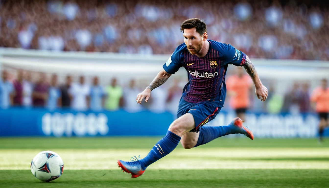 photorealistic 8k professional high quality image, detailed face, detailed eyes, Lionel Messi kicking football, Lionel Messi running towards goal, blur background, football field, green grass, white lines, crowd of people in stadium, blue sky, sunlight, motion blur, dynamic action pose