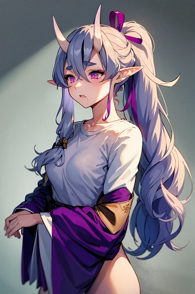 Ryūbōson（Nijisanji）,ponytail,Light purple hair,Purple eyes,horn,Elf Ears,White T-shirt, bottomless, bare breasts,Highest quality,High resolution